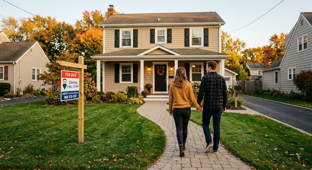 Couple walking up to a Central Ohio home for sale during fall